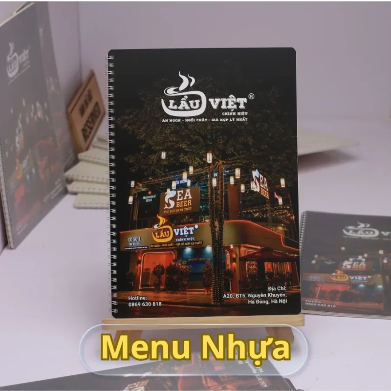 Menu nhựa gáy xoắn A4 chống nước Caki in cho nhà hàng Lẩu Việt